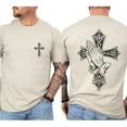 thumbnail image 3 of Gothic Cross Prayer Hands Double-Sided T-Shirt, Vintage Christian Streetwear Tee, Grunge Graphic Print Top, Casual Unisex Street Style Shirt, 3 of 7