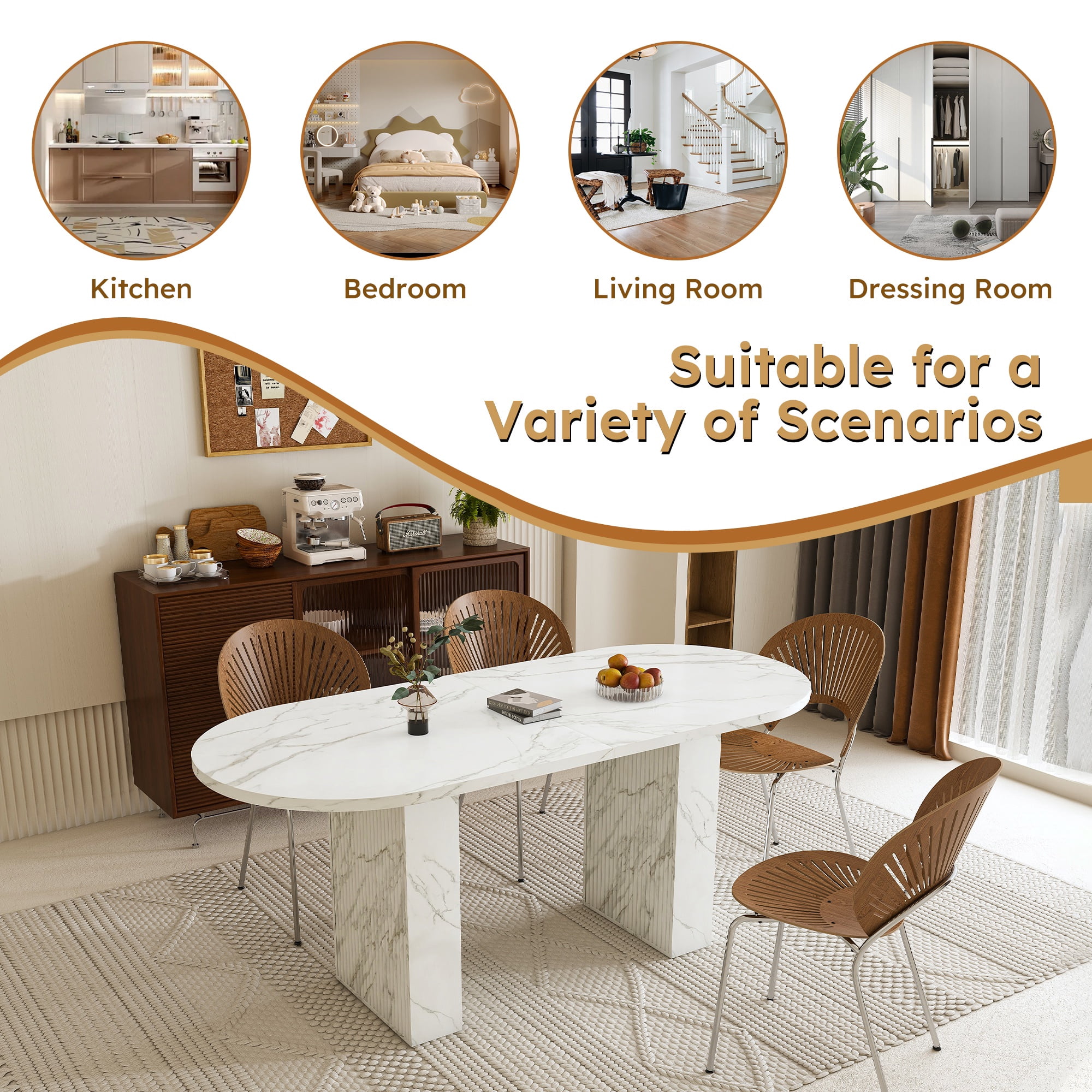 PORKISS 63" Oval Dining Table for 6, Faux Marble Kitchen Table with Stitched Desktop, Modern Dining Room Table with Sturdy Double Pedestal Base, White