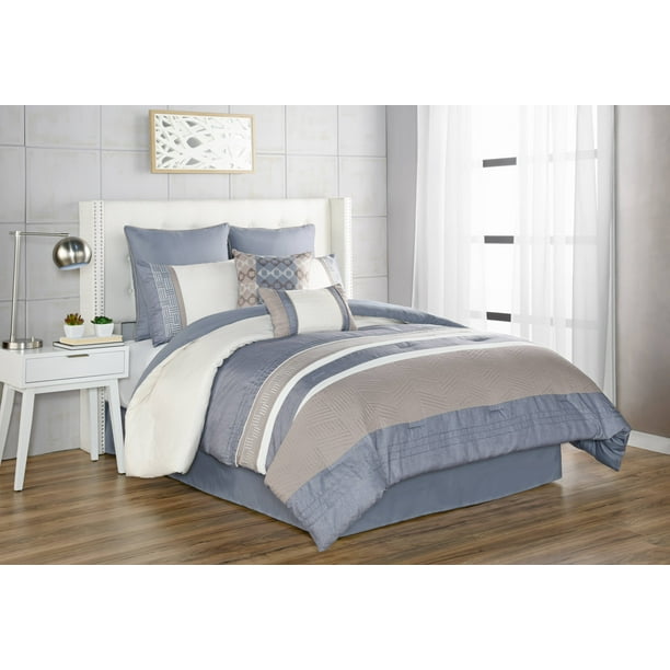 Denim Pintuck Textured Stripe 8Piece Comforter Set, Blue, King