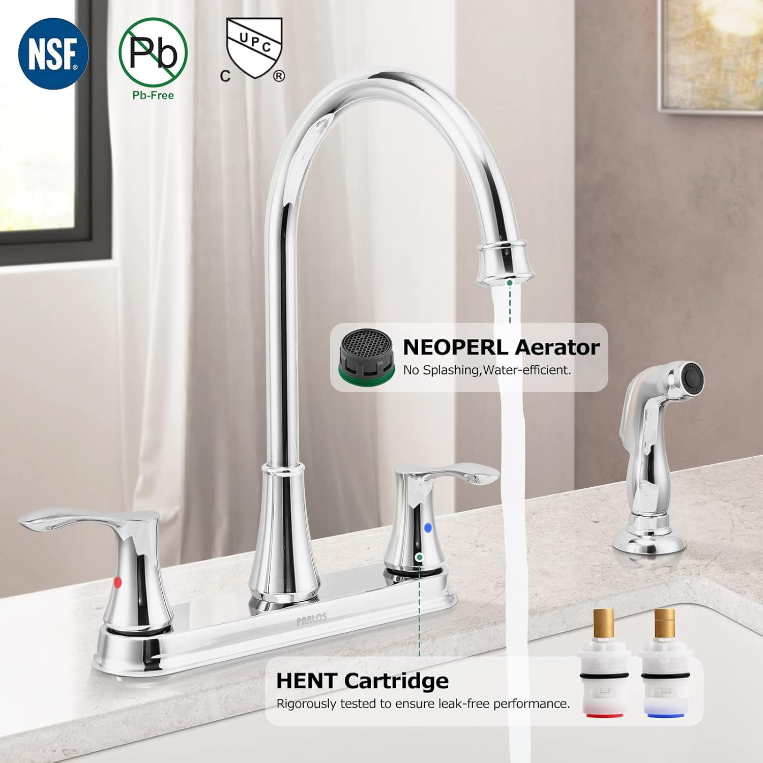 PARLOS 8 inch Two Handles High Arch Kitchen Sink Faucet with Side Sprayer & Supply Lines, Chrome