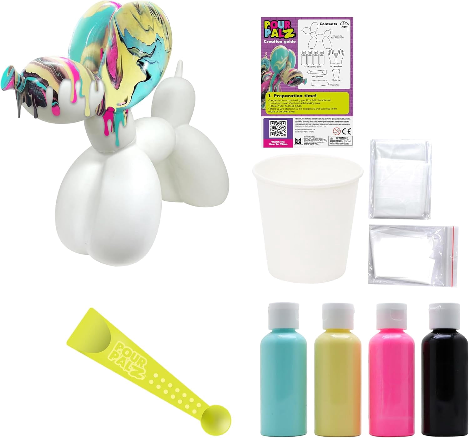 Pour Palz DIY Paint Pouring Kit – 1 XL Balloon Dog, 4 Acrylic Pour Paints, Mixing Cups & Tools, Create Unique Marbled Art, Fun Hands-On Craft Kit for Kids & Adults, Candy Ripple, Ages 5+