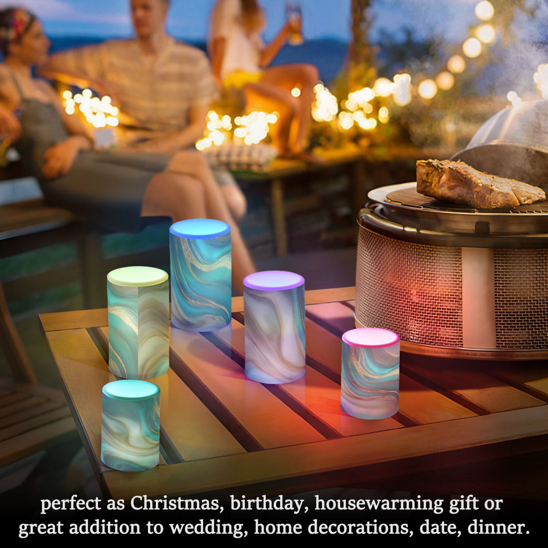 Blue Teal Gold Background Texture Flickering Flameless Candles Battery Operated with Remote Timer LED Pillar Candles Set of 2