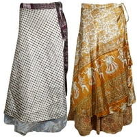 Mogul Women's Magic Wrap Skirt Printed Silk Reversible Wrap-Around Long Skirts
