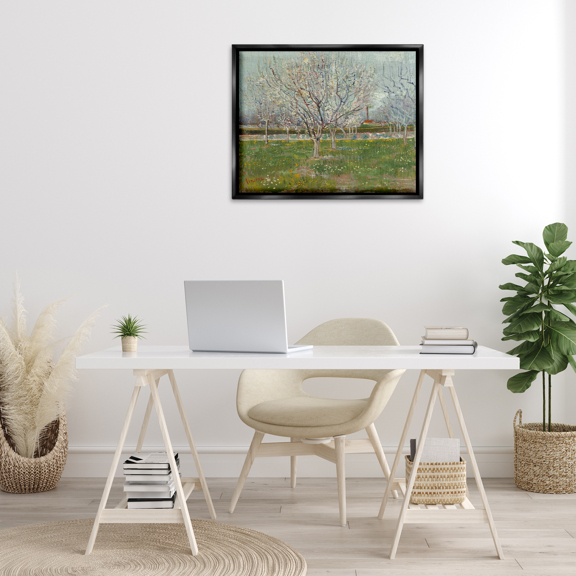 Stupell Industries Van Gogh Orchard in Blossom Landscape & Nature Painting Black Floater Framed Canvas Art Print Wall Art, 31 x 25