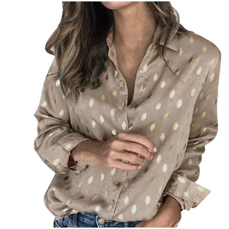 Womens Long Sleeve Shirts Lapel Tops Polka Dots Ladies OL Work Blouse Plus  Size