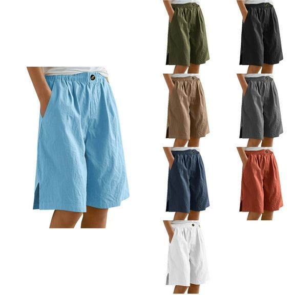Ahuyic Womens Solid Color Short Pants, Plus Size Pants For Women, Womens Half Shorts Pants Summer Elastic Waist Buttons Casual Linen Pockets Pants