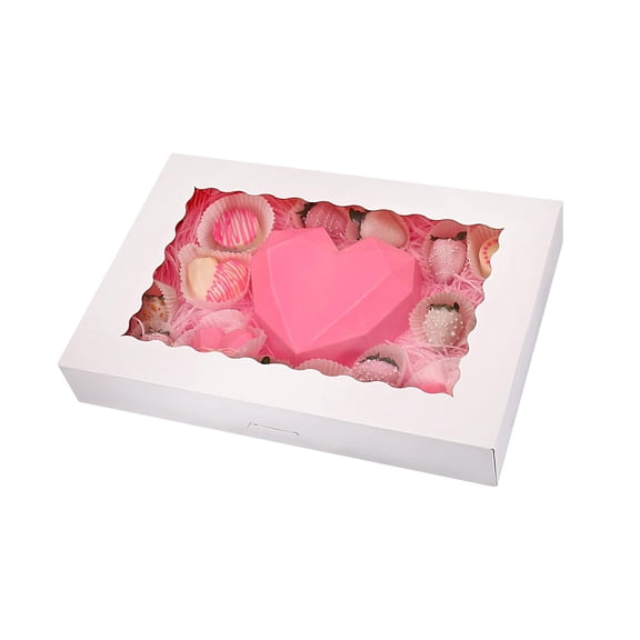 30-Pack 12x8x2.5 Inch White Bakery Boxes with Window, Cookie and Dessert Gift Boxes for Chocolate Strawberries, Donuts, Breakable Heart Treats