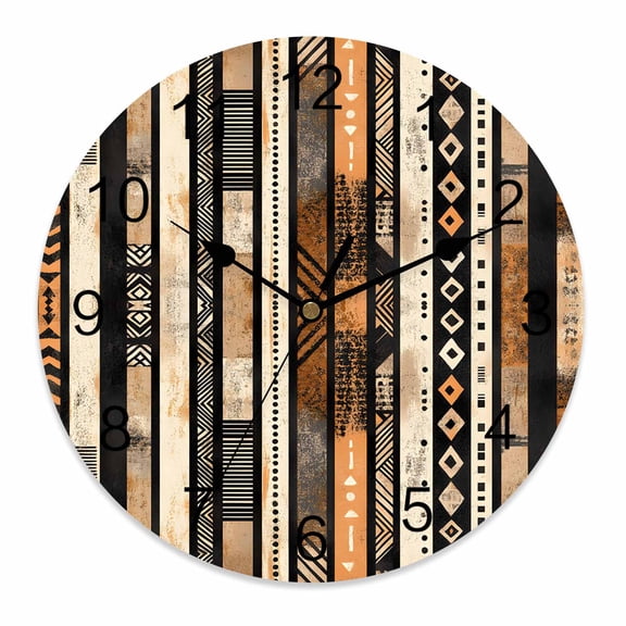 Wall Clock 10 Inch Retro Boho Round Silent Decorative Wall Clocks Battery Operated for Living Room Bedroom Kitchen Classroom Decor, Ethnic Tribal Striped Pattern Brown Beige,Small