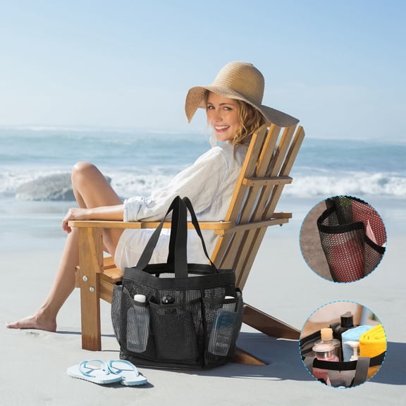 Mesh Beach Bag with Zipper Pocket Sandproof Tote for Swim Pool Travel Grocery Use