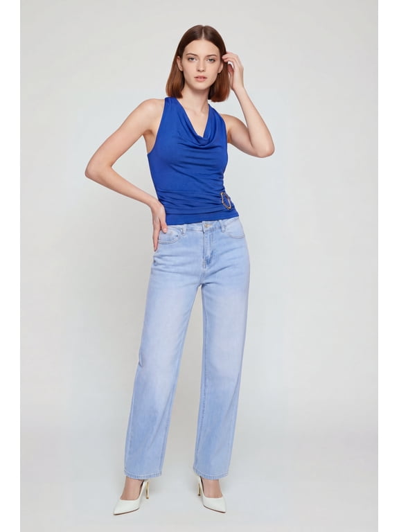 Women's Side Ruched Metallic Detail Cowl Neck Halter Top