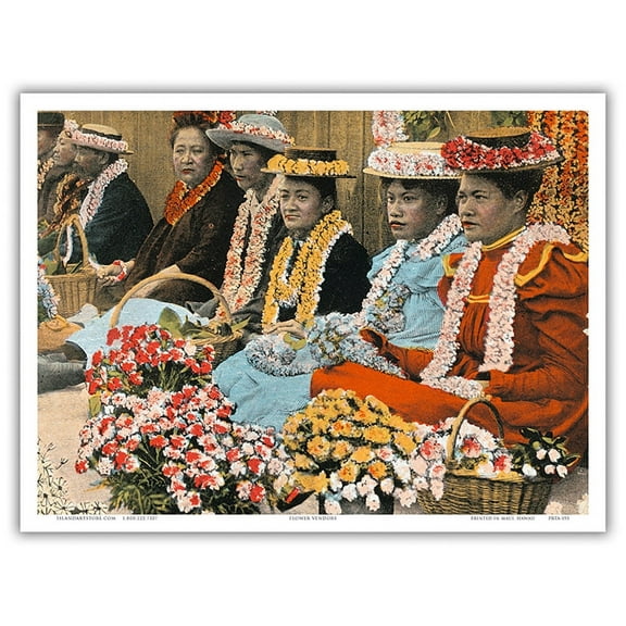 Lei Vendors - Honolulu T.H. (Territory of Hawai’i) - Vintage Hawaiian Color Postcard c.1920s - Master Art Print (Unframed) 9in x 12in