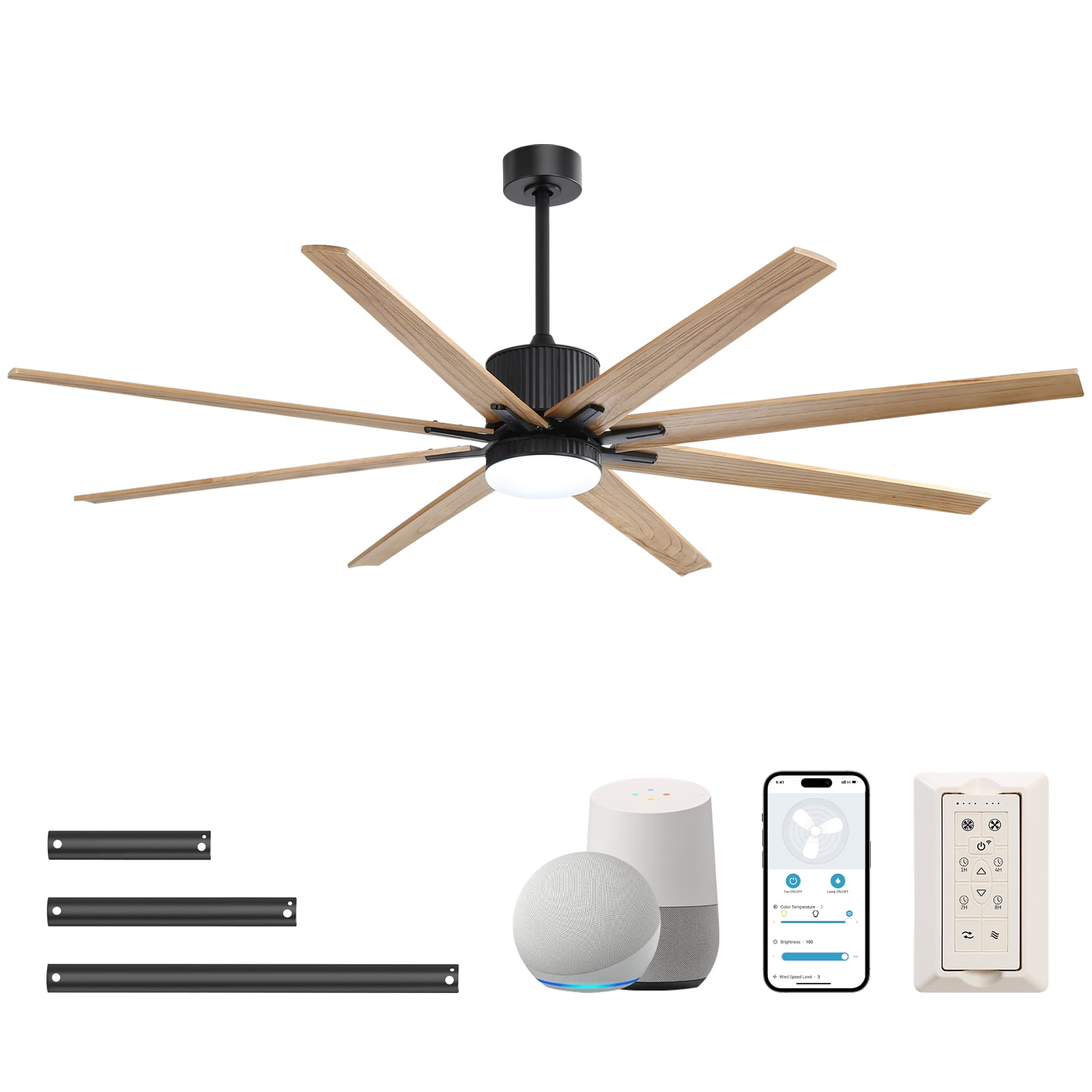 Sofucor 76 Inch Solid Wood Ceiling Fan with Remote, App Control, Alexa Google