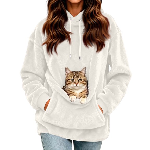 Sewkxo Cat Pouch Hoodie Pet Carrier Hoodies Women Oversized Kangaroo Pocket Lightweight Sweatshirts,White S