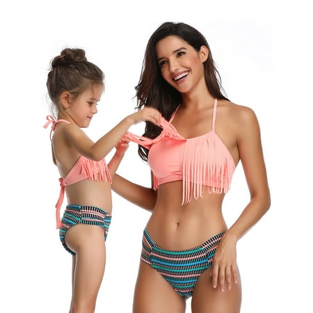 Mother Daughter Family Tassel Matching Swimsuit Women Kids Baby Girls Swimwear 2 piece Halter Bikini