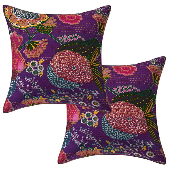 Stylo Culture Indian Decorative Throw Pillow Covers 16 x 16 Kantha Purple Printed 40cm x 40cm Home Decor Cotton Tropicana Square Cushion Covers | Set Of 2