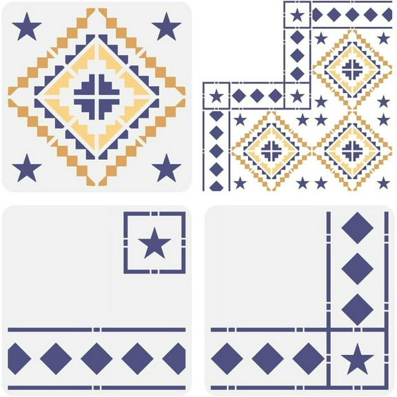 3 Pcs Floor Tile Stencil 11.8x11.8inch Reusable Star Mosaic Tiles Painting Template Border Corners Stencil Concrete DIY Stencils for Patio Floor Tile Wall. Home Decoration for DIY