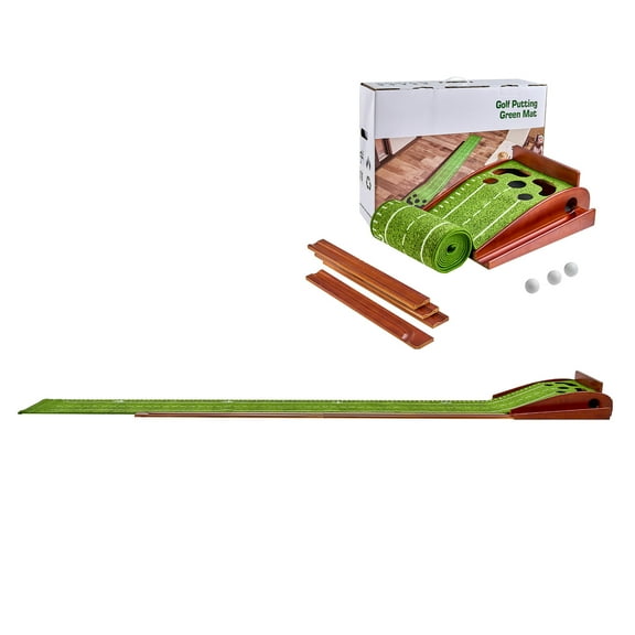 KFFKFF Golf Putting Mat, Indoor 5-Hole Putting Green, Smooth Golf Practice Aid, Mini Golf Kit with Automatic Ball Return, Alignment Tool, 3 Balls, Wooden Base, Ideal Gift for Home Office Use