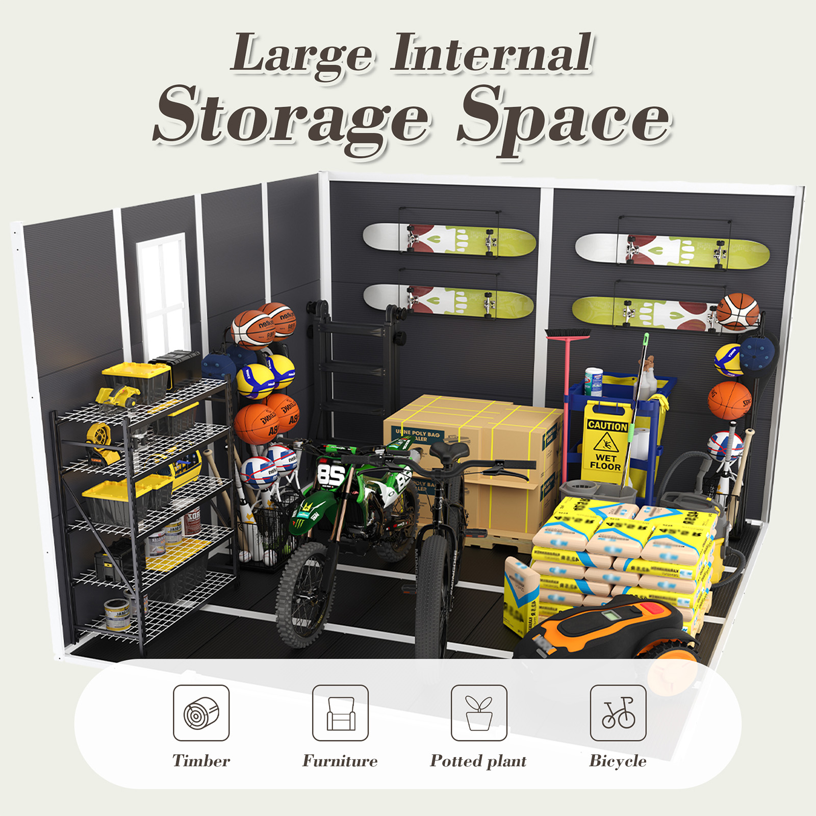 8x8 FT Resin Outdoor Storage Shed, Waterproof Plastic Garden Shed, Large Storage Space, Lockable Doors & Windows, Plastic Tool Shed, 12mm Thick PP Board (4X8 FT)