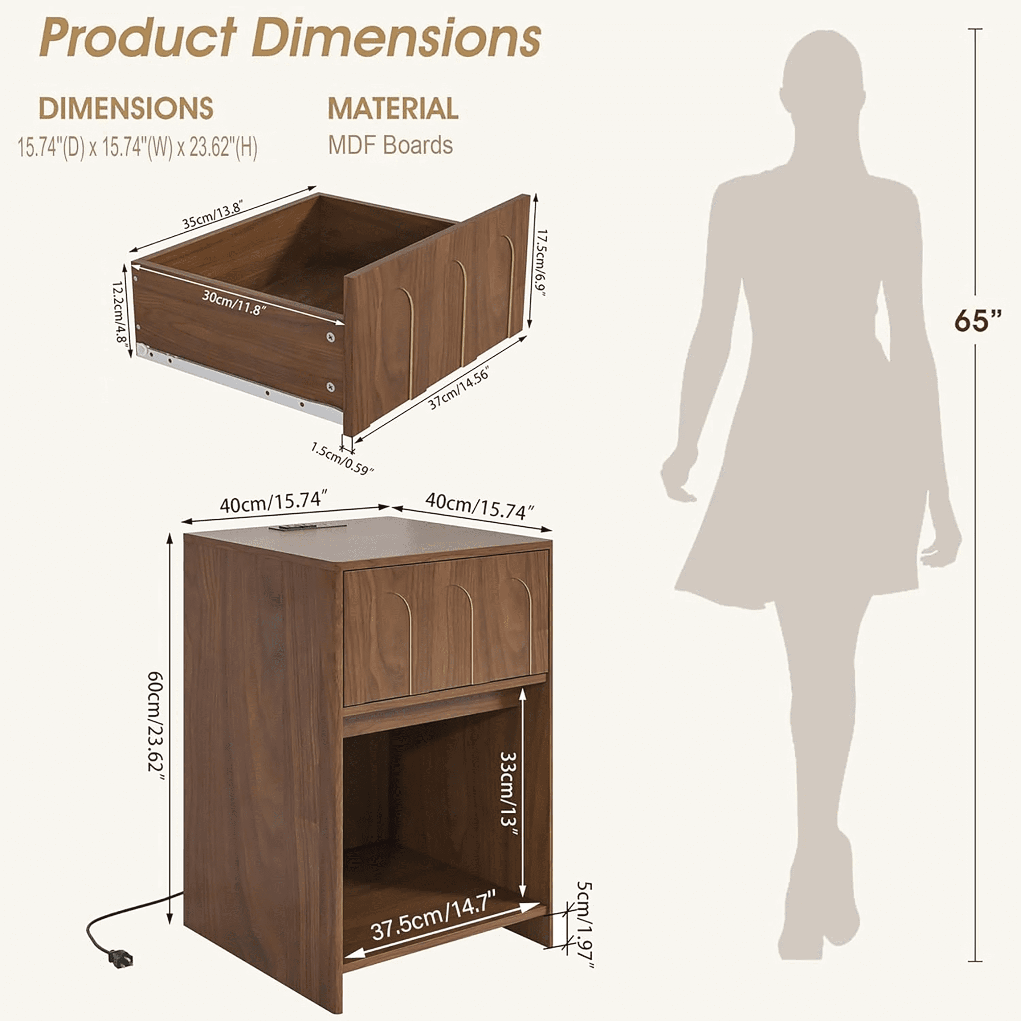Nightstand Set of 2 with Drawer Storage, Mid-Century End Tables Side Tables for Bedroom, Living Room, Walnut