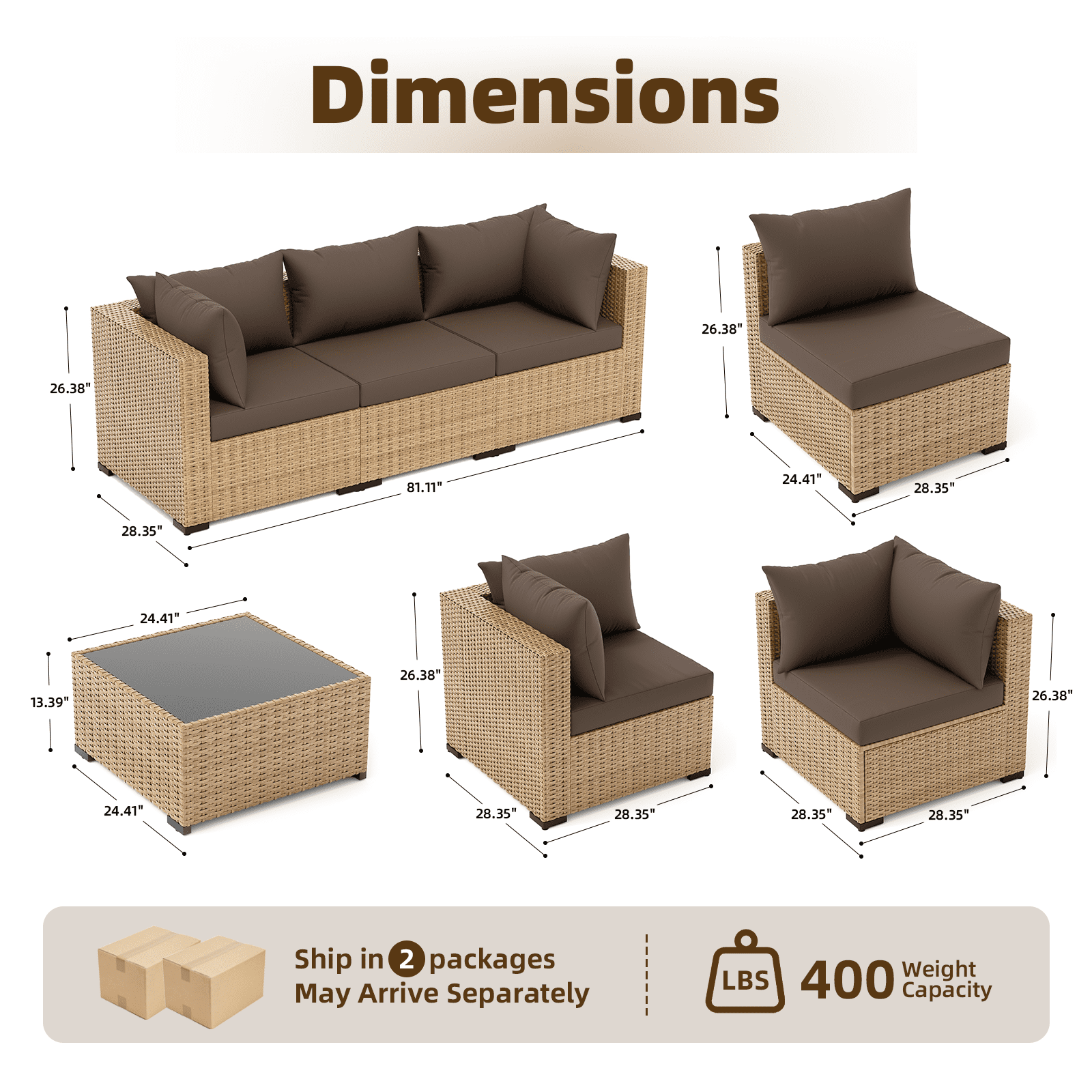 ELPOSUN 7-Piece Patio Furniture Set, Outdoor Conversation Set, All-Weather Wicker Outdoor Sectional Sofa Set with Table & Cushions, Brown