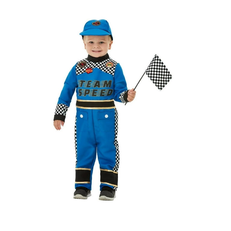 Racing Car Driver Costume Toddler Blue Jumpsuit Cap Flag Racing Car Driver Costume Toddler Blue Jumpsuit Cap Flag