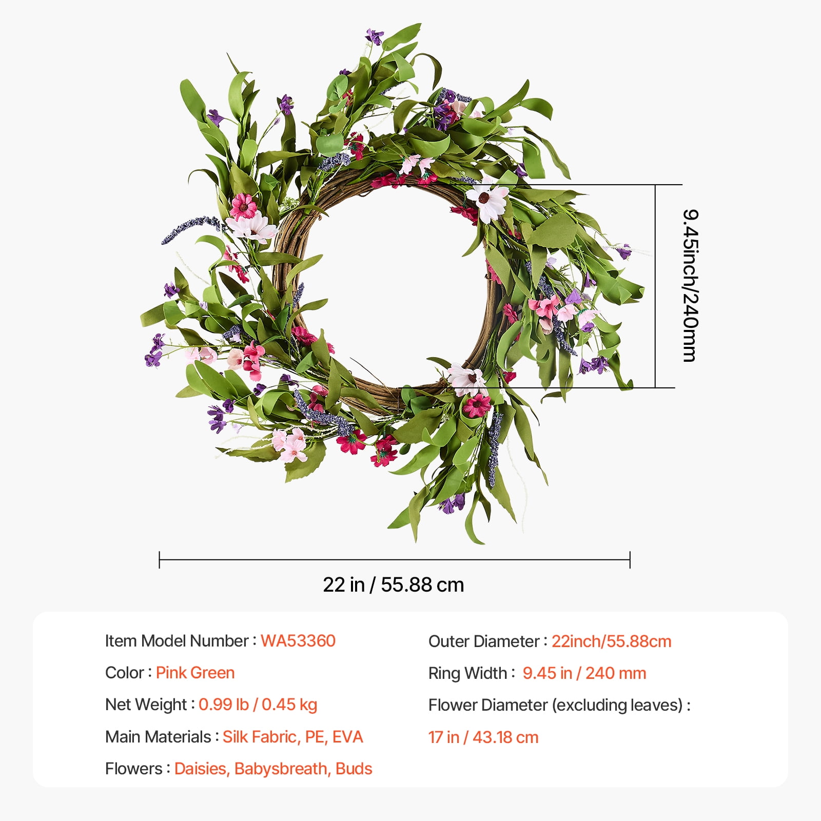 KFFKFF 22-Inch Artificial Decorative Wreath, Pink and Green, Adorned with Daisies, Baby's Breath, and Buds, Versatile Year-Round Decoration for Indoor and Outdoor Use, Perfect for Home, Wall, Window