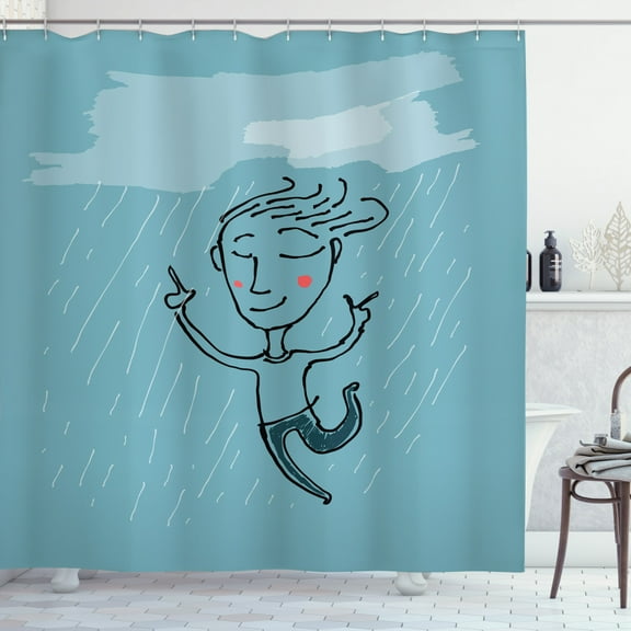 Smile Shower Curtain, Hand Drawn Illustration of a Man under the Rain, Fabric Bathroom Set with Hooks, 69W X 75L Inches Long, Cadet Blue Dark Coral Dark Teal Charcoal Grey, by Ambesonne