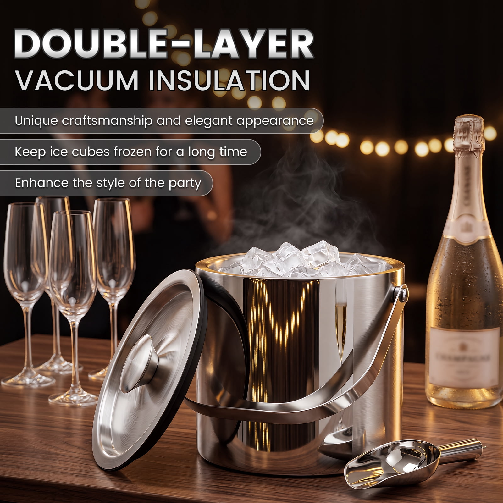 Stainless Steel Ice Bucket - 3 Quart (3L) Double-Wall Insulated Ice Buckets for Parties with Lid Scoop Strainer & Handle Beverage Large Champagne Wine Drink Container Holder Ideal