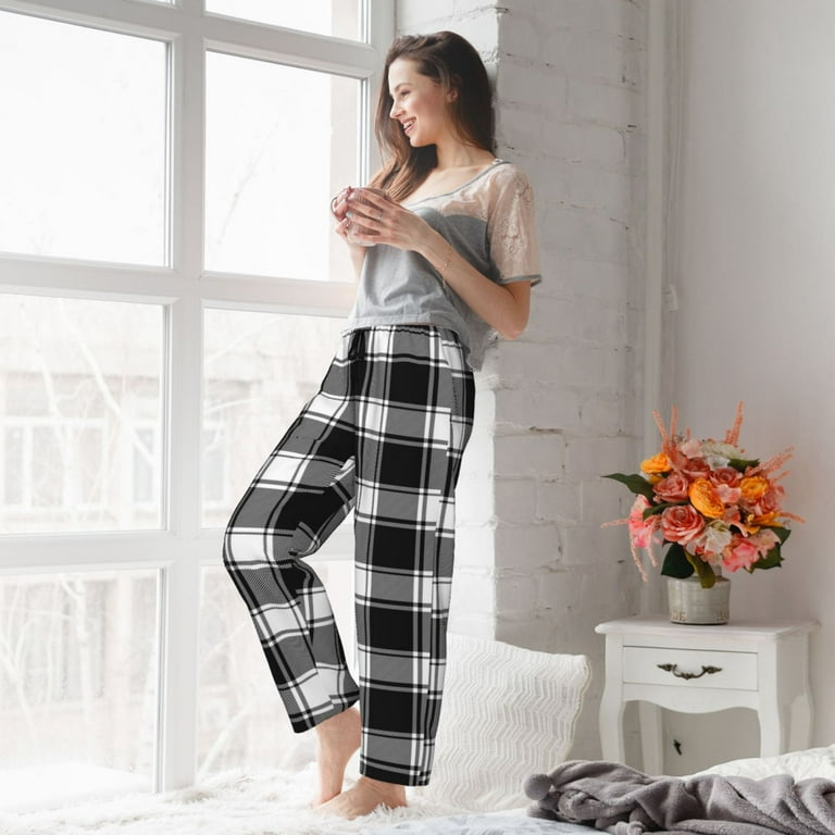Pajama Pants Women, Buffalo check plaid white black Lounge PJ Yoga