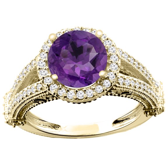 14K Yellow Gold Natural Amethyst Ring Round 8mm Diamond Accent, size 5.5