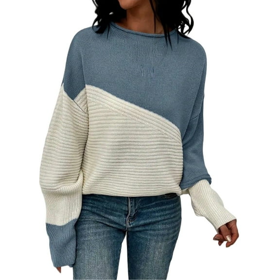 GBSYEWXS Women Sweater Crew Neck Color Block Long Sleeve Cute Warm Blue Sweater