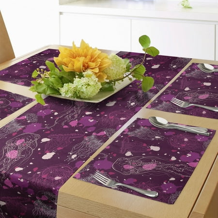 

Jellyfish Table Runner & Placemats Various Outline Organisms with Paint Drops Marine Fauna Line Art Set for Dining Table Decor Placemat 4 pcs + Runner 16 x72 Dark Magenta Rose by Ambesonne