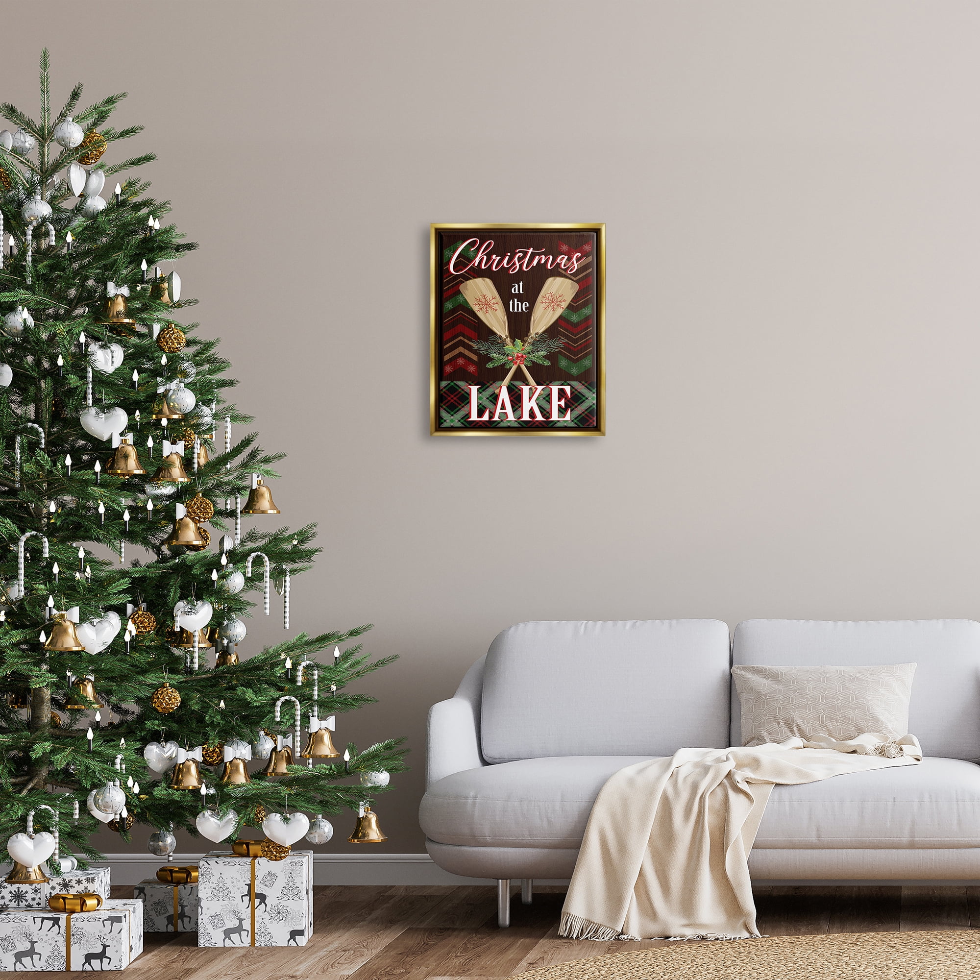 Stupell Industries Christmas At Lake Seasonal Oars Holiday Painting Gold Floater Framed Art Print Wall Art