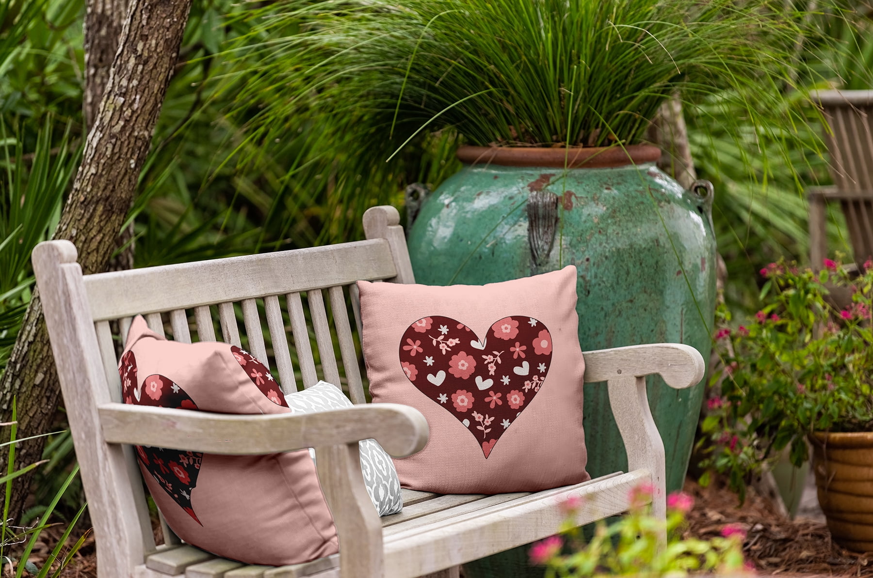 16"x16" Simply Daisy Valentines Flowery Love Hearts Poly Indoor/Outdoor Pillow, Maroon Qty 1