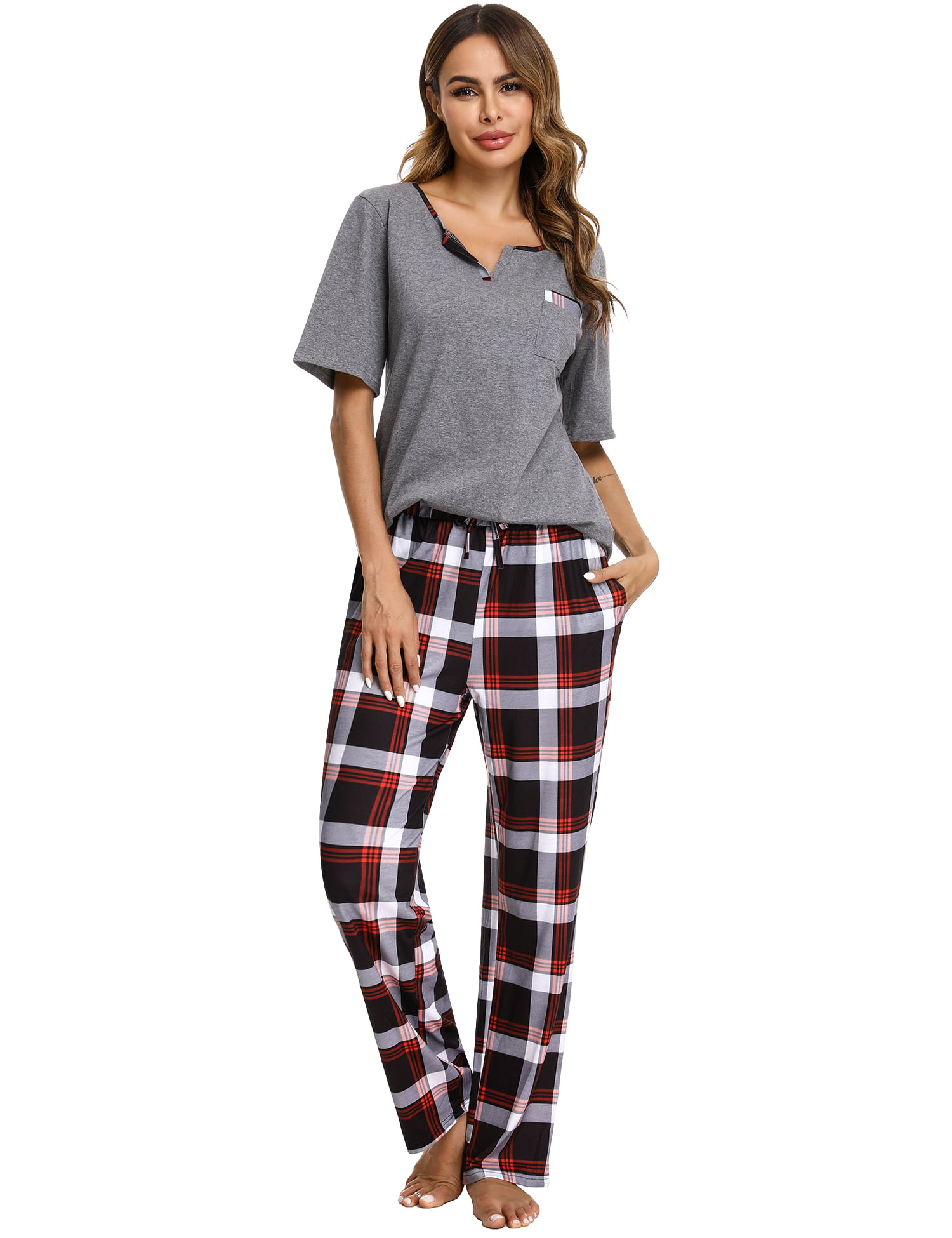 Litherday Men's Pyjamas Sets Cotton Long Sleeve Nightwear Sleepwear Pjs Set Soft Top & Plaid Bottoms Lounge Wear with Pockets 