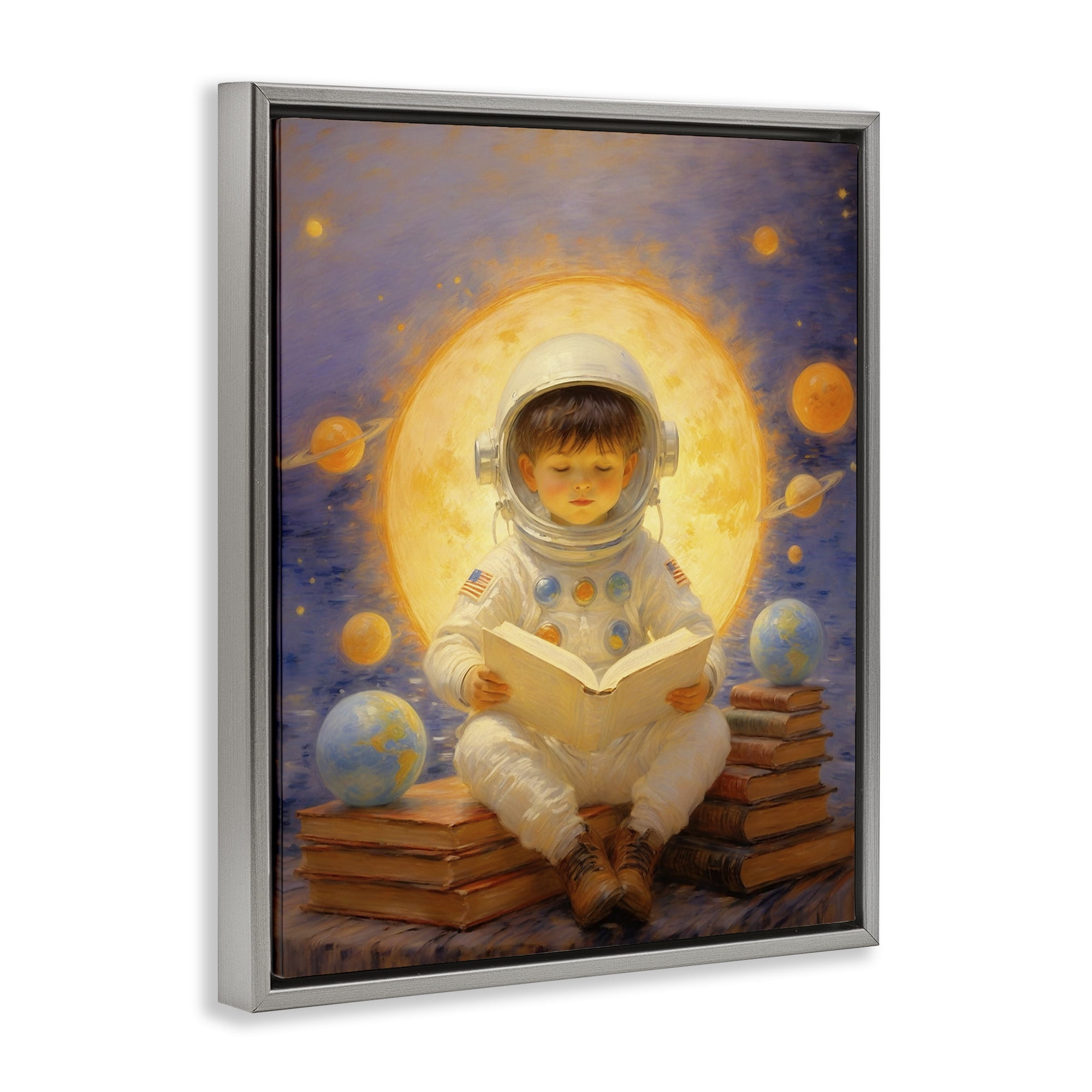 Astronaut Child Learning Gray Framed Floater Canvas Wall Art, design by Angie Hawke