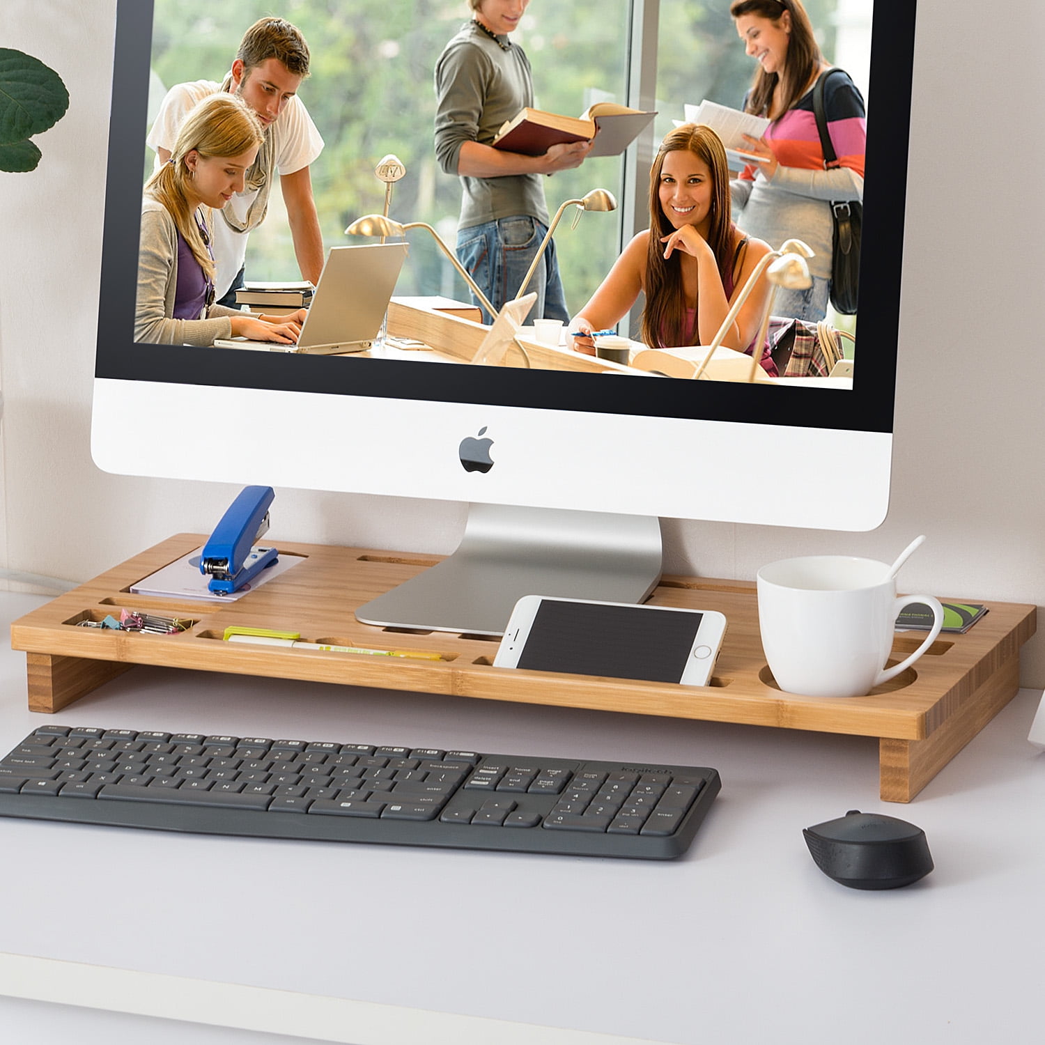 Allieroo Natural Bamboo Computer Monitor Riser,Monitor Stand with Air Vents  Design and Desk Storage Organizer