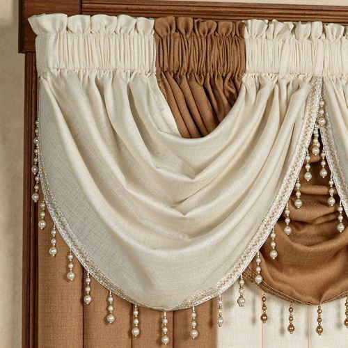 Leah Waterfall Rod Pocket Valance With Beads Cream 48x37, White Waterfall Valances Curtains
