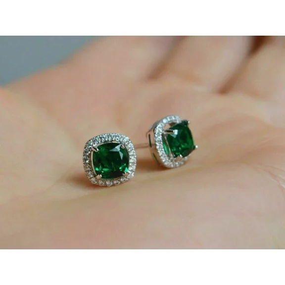 2Ct Cushion Cut Lab Created Green Emerald Diamond Halo Stud Earrings in 14k White Gold Plated