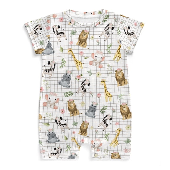 Baby African Jungle Safari Animals Baby Boy Romper Zebra Lion Hippo Giraffe Elephant Floral Leaves Checkered Short Sleeve Crewneck Jumpsuit Floral Leaves Plaid One Piece Infant Summer Outfit