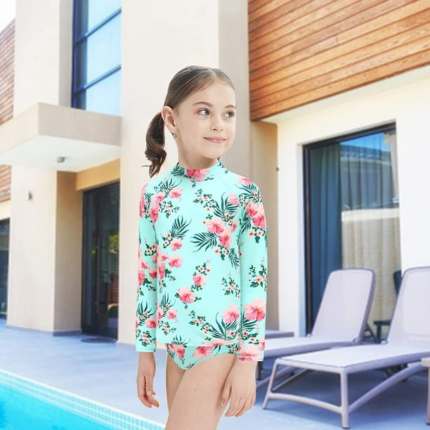 Girls Two Piece Rash Guard Swimsuits Set Long Sleeve Bathing Suit