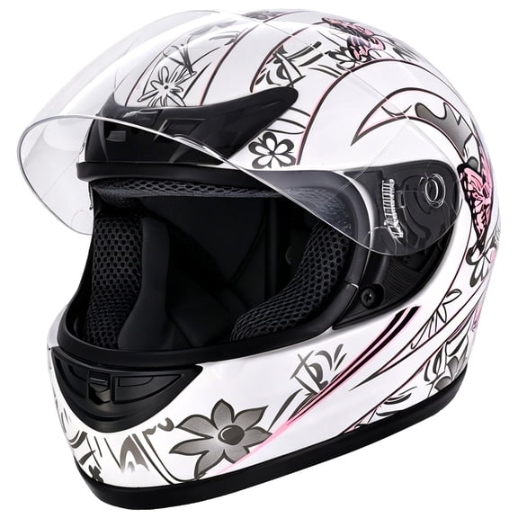 TCMT DOT Adult Full Face Motorcycle Helmet White Pink Butterfly with Flip Up Modular for Motocross Offroad Street Dirt Bike M Size