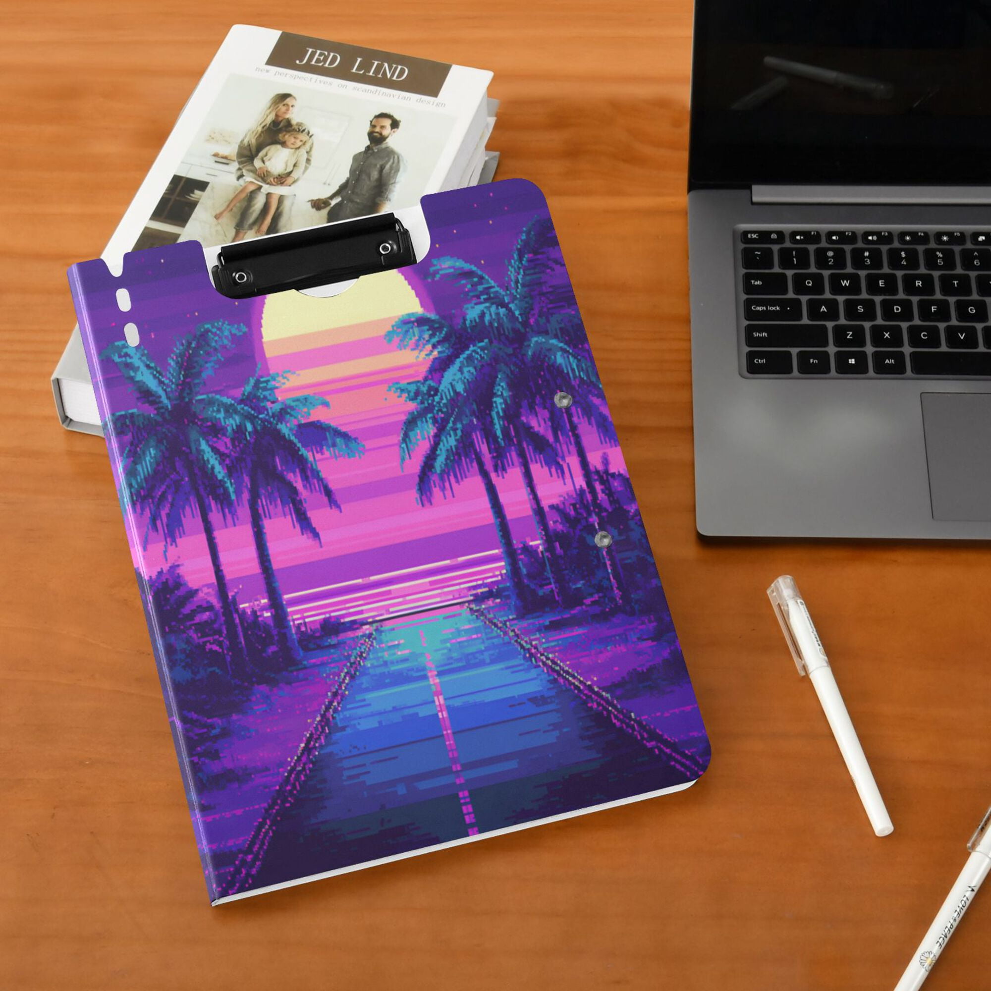FORMRS A4 Clipboard Folder with Pen Holder Horizontal Foldable School Office Binder, Purple Digital Art
