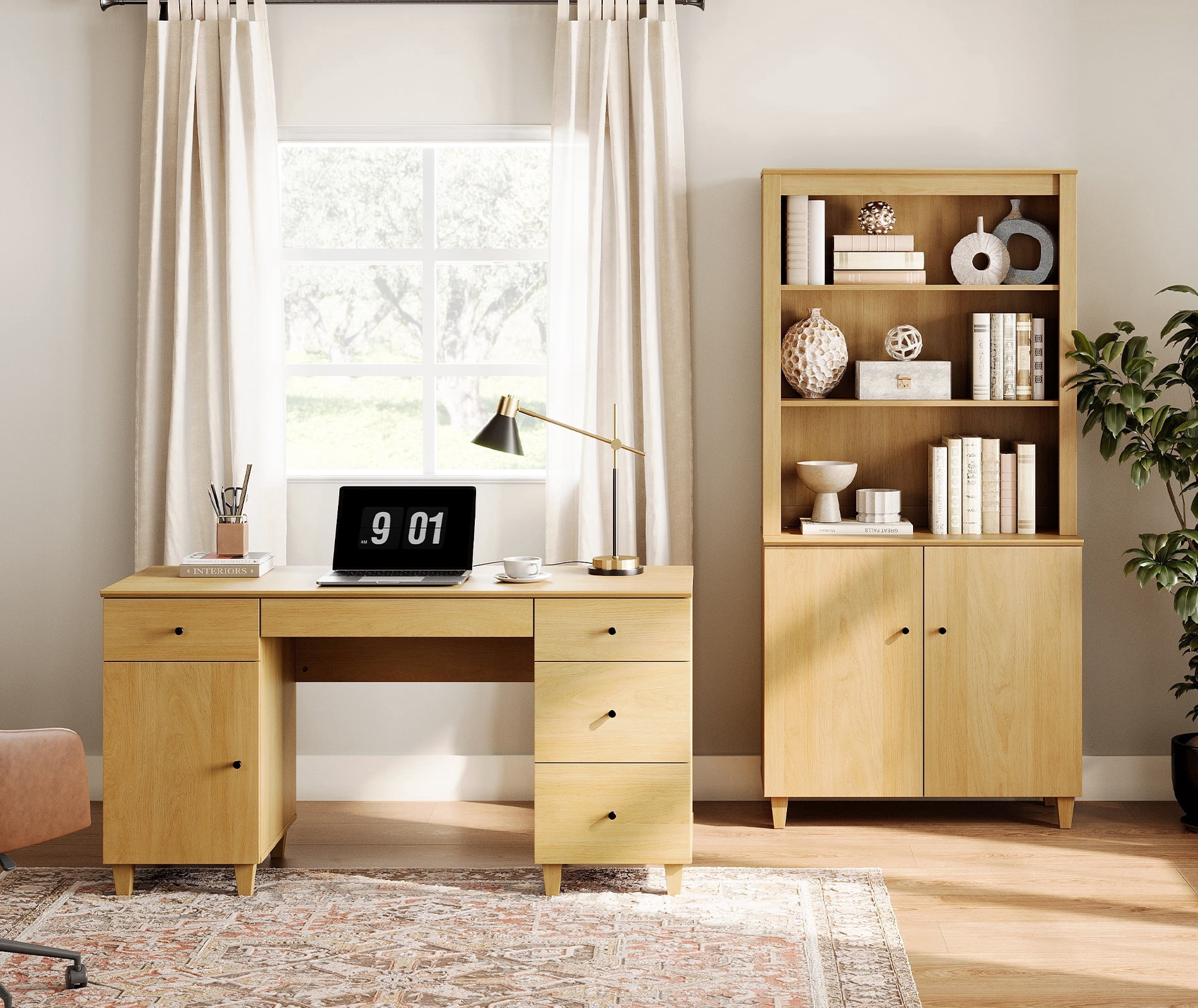 WAMPAT Home Office Furniture Set, 58" Executive Desk with Charging Station and Cabinet, 71" Tall Bookcase with Doors and Adjustable Shelves for Living Room, Oak Wood