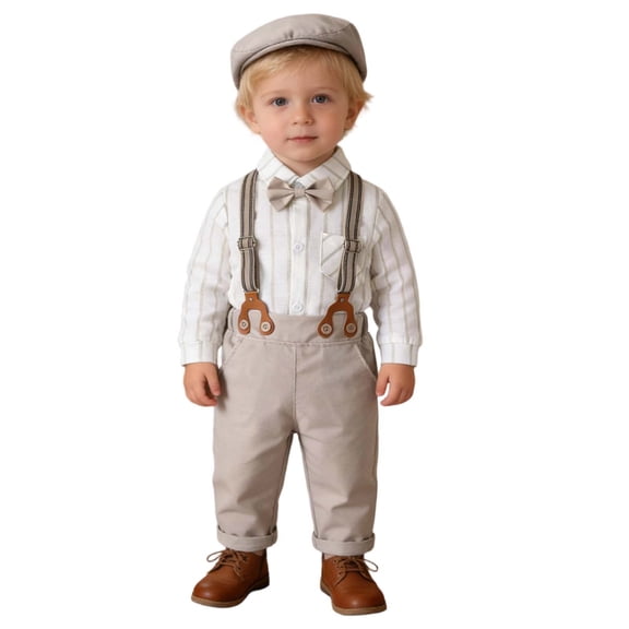 OSOLU Toddler Baby Boys Clothes Suits Gentleman Long Sleeve Dress Shirts And Suspenders Pants With Hat 3 Piece Set 3-24M Comfy Outfit