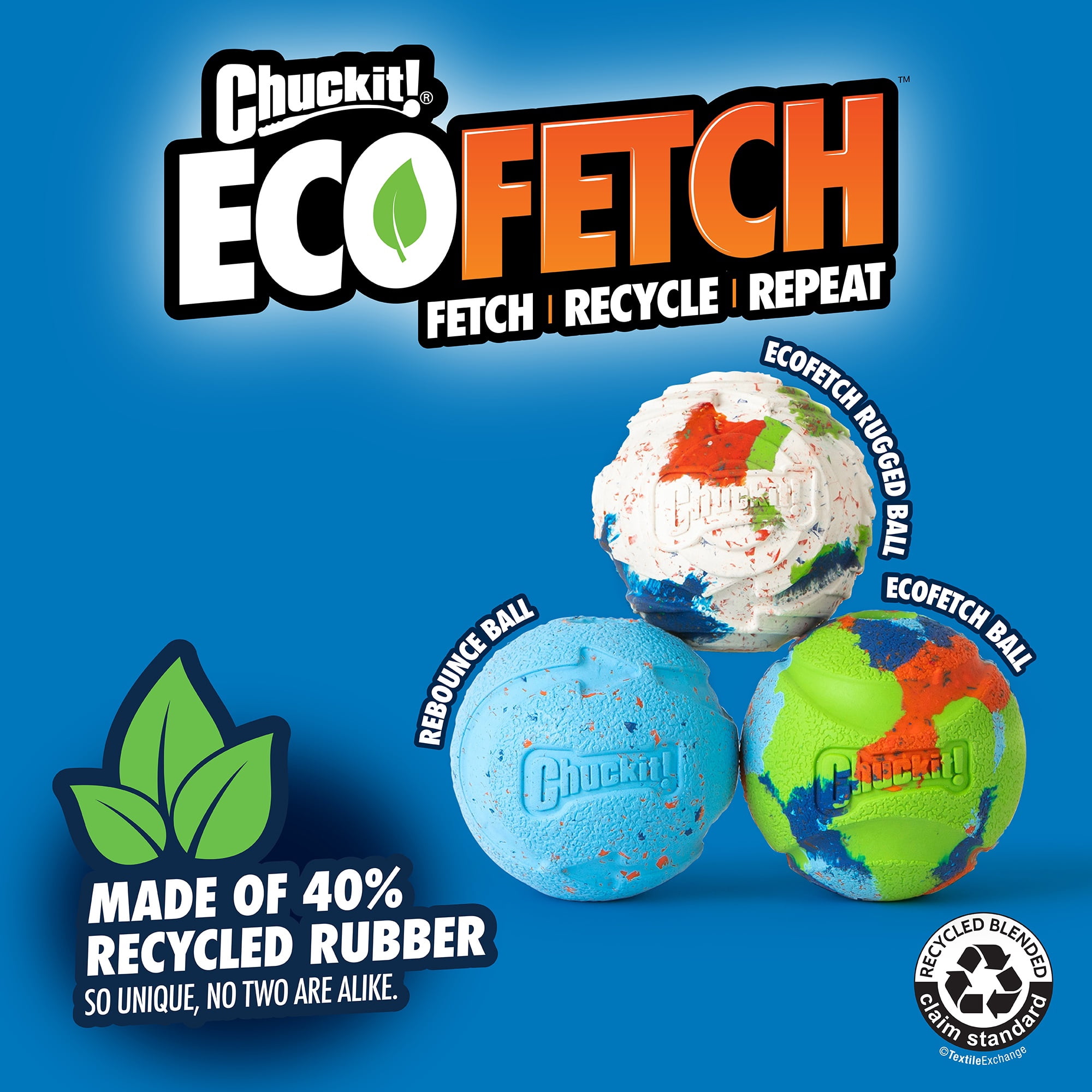 Chuckit! EcoFetch Medley Recycled Rubber Dog Balls Fetch Toy for Dogs, Medium 2.5" for Pets 20 to 60 lbs, Pack of 3