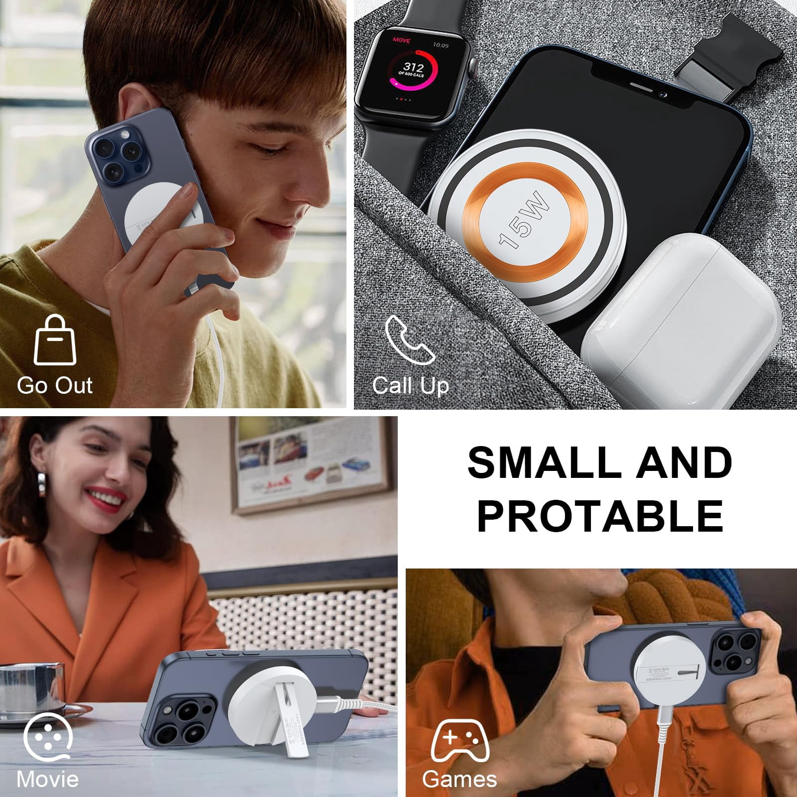 ABCPOW 2Pack Wireless Charger Stand,15W Magnetic Fast Charger Pad Mat MagSafe Wireless Charging Station Android Wireless Charger Holder Dock Compatible for iPhone 17 16 15 Samsung Galaxy S25 S24 S23
