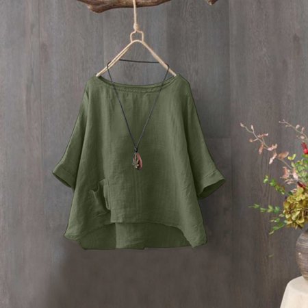 

Clearance Top! KUNPENG Women s Solid Color V Neck Half Sleeve Pocket Irregular Cotton Linen Daily Army Green S