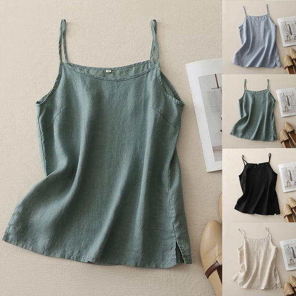 Sheghy Cotton Tank Top Women 100%Cotton Linen Blend Crew Neck Cami, Solid Split Hem Sleeveless Casual Tank Blue M