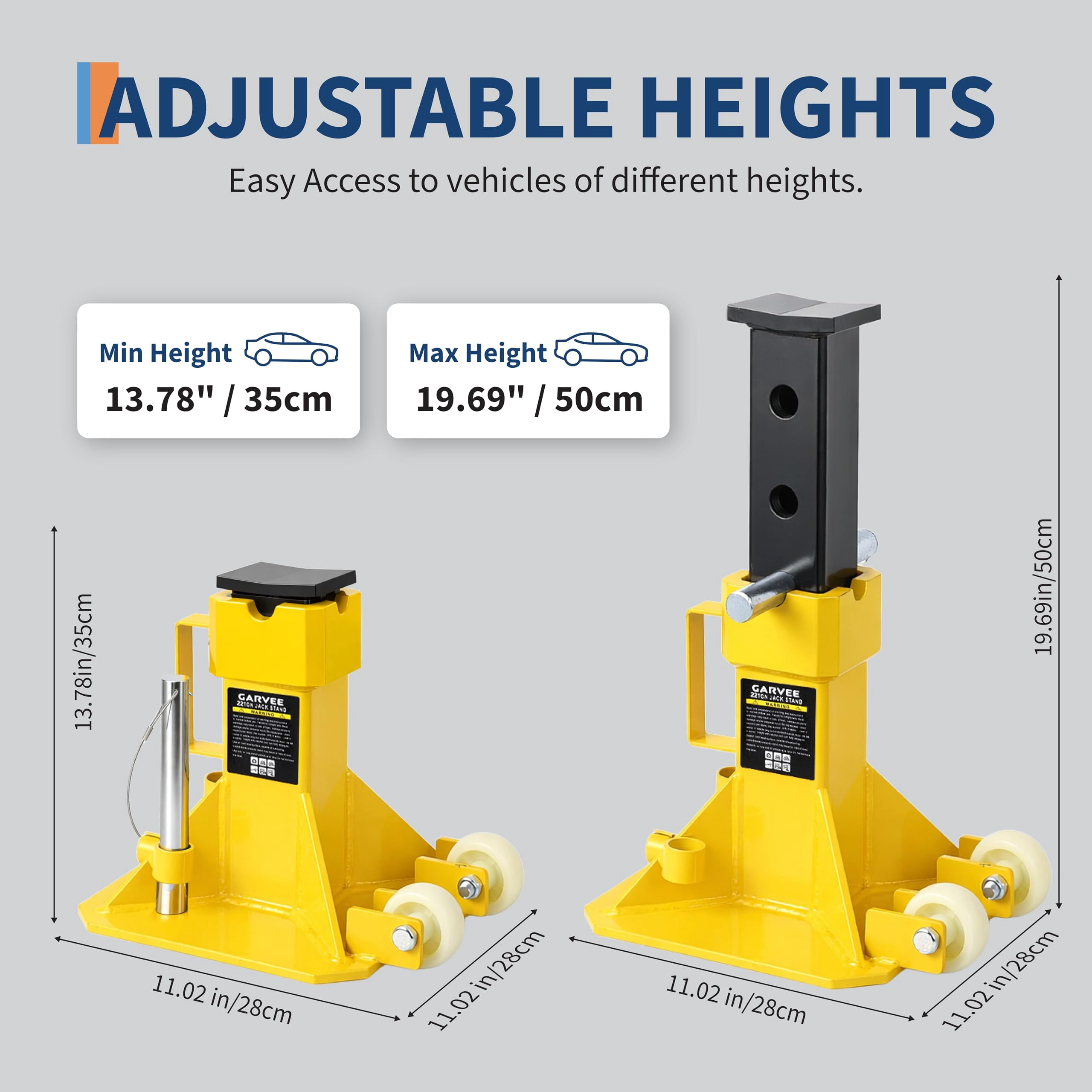 22 Ton Jack Stands,Heavy Duty Pin Type Car Jack Stand with Lock,2 Caster Wheels AndWide Base Safety Design for Supporting Trucks, Trailers and Equipment,Adjustable Height 13.8"-19.7",Yellow,1 Pair